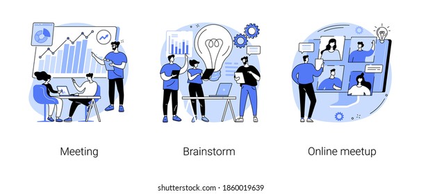 Team communication abstract concept vector illustration set. Meeting and brainstorm, online meetup, corporate presentation, creative ideas and solutions, teamwork, conference call abstract metaphor.