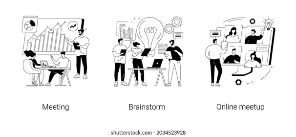 Team communication abstract concept vector illustration set. Meeting and brainstorm, online meetup, corporate presentation, creative ideas and solutions, teamwork, conference call abstract metaphor.