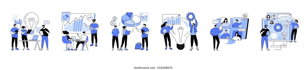 Team communication abstract concept vector illustration set. Meeting and brainstorm, online meetup, corporate presentation, creative ideas and solutions, teamwork, conference call abstract metaphors.