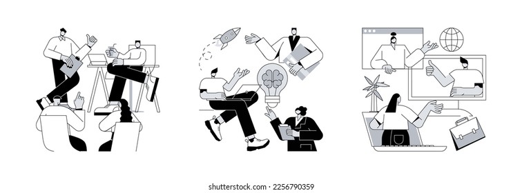 Team communication abstract concept vector illustration set. Meeting and brainstorm, online meetup, corporate presentation, creative ideas and solutions, teamwork, conference call abstract metaphor.
