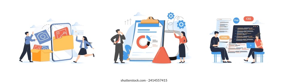 Team communication abstract concept vector illustration set. Meeting and brainstorm, online meetup, corporate presentation, creative ideas and solutions, teamwork, conference call abstract metaphors