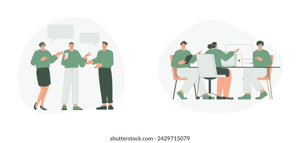 Comunicación de Equipo y Reunión de Negocios. Ilustración vectorial de dibujos animados. Ilustración del vector, conveniente para la página de aterrizaje web, ui, aplicación móvil.