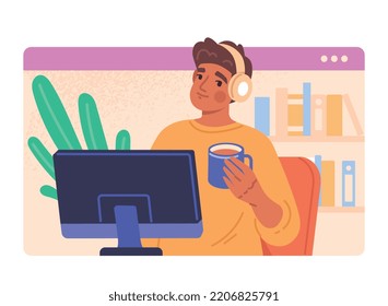 Concepto de comunicación en equipo. Hombre con taza y auriculares se sienta en el fondo de los libros. Encuentro en línea, lluvia de ideas. Videoconferencia o llamada. Tecnologías modernas. Dibujo vectorial plano de dibujos animados