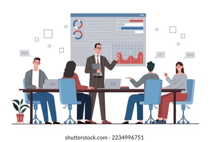 Team communication concept. Men and women with graphs and charts. Presentation and brainstorming, board of directors. Collaboration and cooperation metaphor. Cartoon flat vector illustration