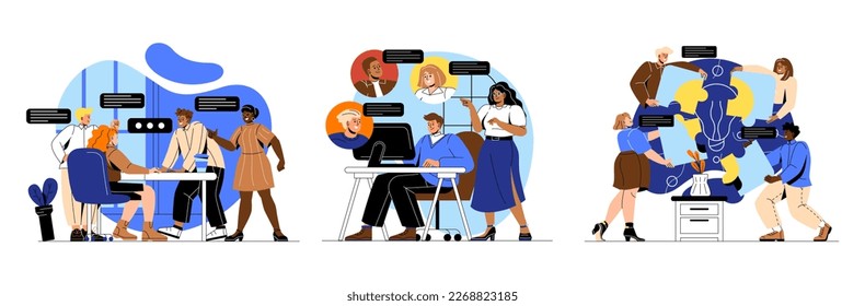 Team communication concept. Men and women company employees or partners at online conference or business meeting. Brainstorming and coming up with creative ideas. Cartoon flat vector collection