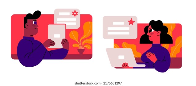 Concepto de comunicación en equipo. Gestión de proyectos, cooperación, interacción de los empleados en el trabajo. Organización del flujo de trabajo. Ilustración vectorial plana simple sobre fondo blanco