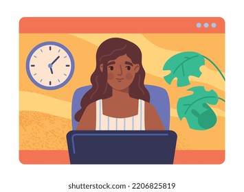 Team communication concept. Woman sitting at computer in front of clock. Remote employee and freelancer. Deadline and goal setting, time management. Online conference. Cartoon flat vector illustration