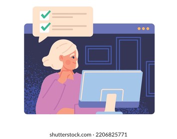 Team communication concept. Young girl sits at computer and notes completed goals. Motivation and leadership. Poster or banner. Remote employee or freelancer. Cartoon flat vector illustration
