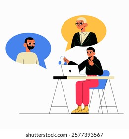 Team Communication With Diverse Characters In Flat Vector Illustration Symbolizing Collaboration, Workplace Discussions, And Idea Sharing, Isolated On White Background
