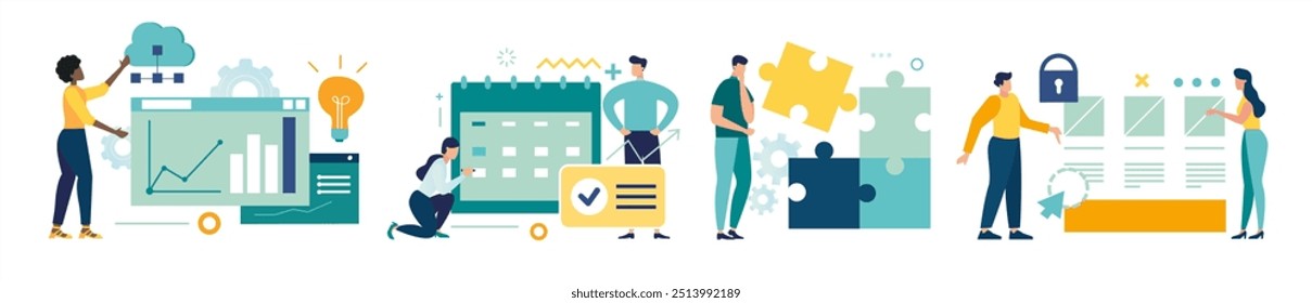 Comunicação de equipe online meetup conceito abstrato. Mega definir as pessoas. Escritório de trabalho dos trabalhadores do grupo. Coleção cenas homens mulheres atividades de negócios. trabalho em equipe vetor ilustrações brainstorm
