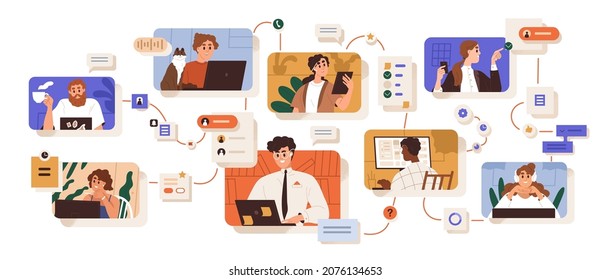 Team communication and project management concept. Cooperation, interaction of employees at work. Workflow and job organization in modern company. Flat vector illustration isolated on white background - Shutterstock ID 2076134653