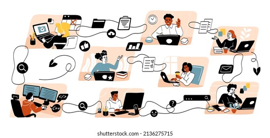 Team communication and project management concept. Men and women sit in their workplaces and perform tasks. Metaphor of teamwork and interaction between employees. Cartoon flat vector illustration,