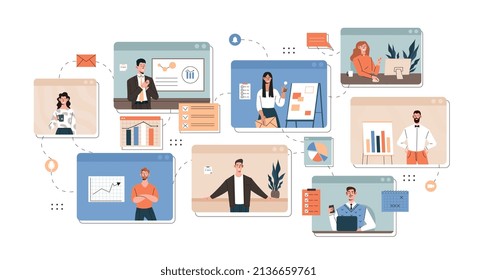 Team communication and project management concept. Workflow and organization of work between employees and colleagues. Men and women discuss project via video link. Cartoon flat vector illustration