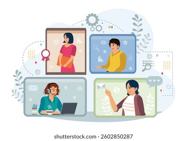 Team communication and project management concept. The boss conducts online work meetings with employees and colleagues. Flat vector illustration.