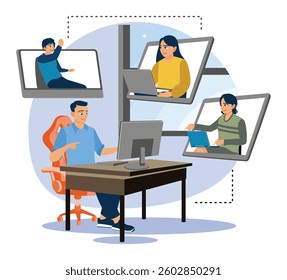 Team communication and project management concept. Manager controlling employee work on computer. Flat vector illustration.