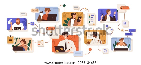 Team communication and project management\
concept. Cooperation, interaction of employees at work. Workflow\
and job organization in modern company. Flat vector illustration\
isolated on white\
background
