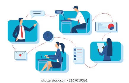 Team communication and project management. Remote employee works on project, boss gives instructions to subordinates. Efficient workflow and successful department. Cartoon flat vector illustration