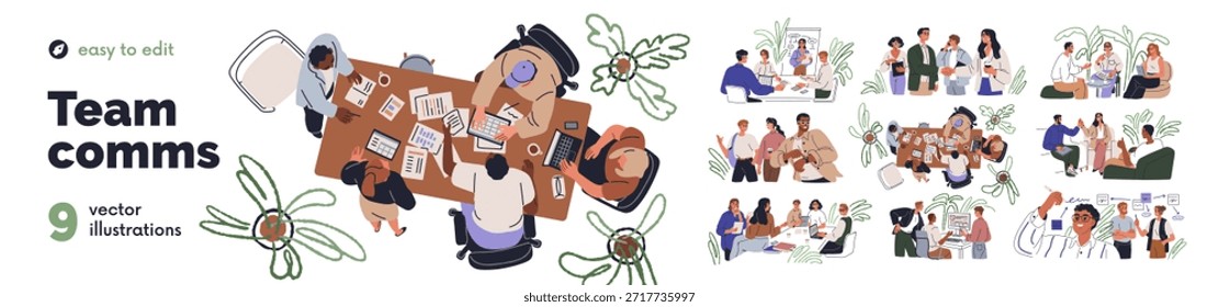 Equipo de comunicación, equipo de trabajo. Gente de negocios, colegas de oficina reunidos en mesas de conferencias juntos para la discusión de trabajo, lluvia de ideas. Ilustraciones vectoriales planas aisladas sobre fondo blanco