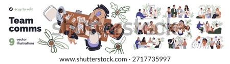 Team communication, teamwork set. Business people, office colleagues meeting at conference tables together for work discussion, brainstorming. Flat vector illustrations isolated on white background
