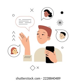 Teamkommunikation, Vektorgrafik. Junge Mann mit Smartphone und Teammitglieder Avatare. Bearbeitbarer Strich. UI- oder Websites-Grafik.
