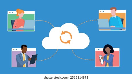 Team communication via cloud connection. Employees connect via the app. They work on a laptop, tablet or take notes in a notebook. Flat design vector.