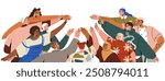 Team, community hands reaching together for support and unity. Diverse multicultural group, people society bonding in solidarity and cooperation. Flat vector illustration isolated on white background