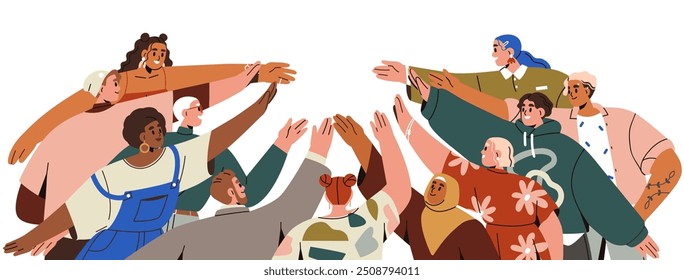 Equipo, manos de la comunidad alcanzando juntos la Asistencia y la unidad. Grupo multicultural diverso, personas y sociedad que se unen en solidaridad y cooperación. Ilustración vectorial plana aislada sobre fondo blanco