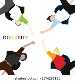 Team, community hands reaching together for support and unity. Diverse multicultural group, people society bonding in solidarity and cooperation. Flat vector illustration isolated on white background