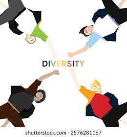 Team, community hands reaching together for support and unity. Diverse multicultural group, people society bonding in solidarity and cooperation. Flat vector illustration isolated on white background