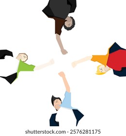 Team, community hands reaching together for support and unity. Diverse multicultural group, people society bonding in solidarity and cooperation. Flat vector illustration isolated on white background