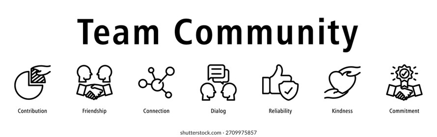 Vektorkonzept der Team-Community mit Zusammenarbeit, Unterstützung, Kommunikation, Freundlichkeit, Zuverlässigkeit und Gruppenharmonie.