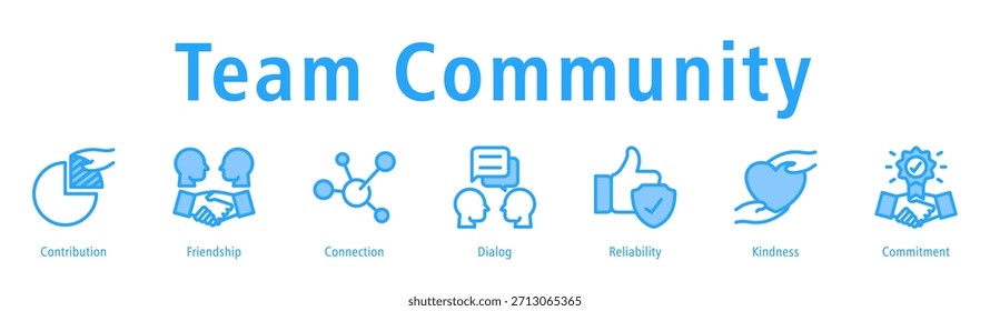 Vektorkonzept der Team-Community mit Zusammenarbeit, Unterstützung, Kommunikation, Freundlichkeit, Zuverlässigkeit und Gruppenharmonie.