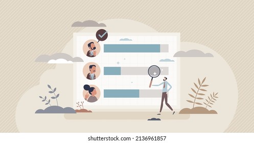 Team competence and employees task results comparison tiny person concept. Business members loyalty, skill, potential and goal fulfillment evaluation for workforce optimization vector illustration.