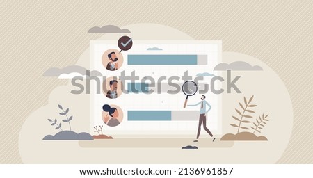Team competence and employees task results comparison tiny person concept. Business members loyalty, skill, potential and goal fulfillment evaluation for workforce optimization vector illustration.