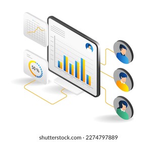 Team computer data analysis isometric flat 3d illustration concept