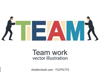 Team concept. Business metaphor. Two businessmen push word. Vector illustration flat style design.