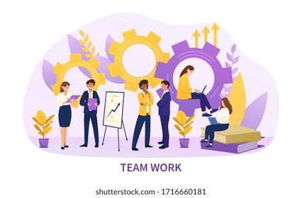 Concepto de equipo con colegas diversos que comparten sus ideas, ilustraciones vectoriales coloreadas con espacio de copia