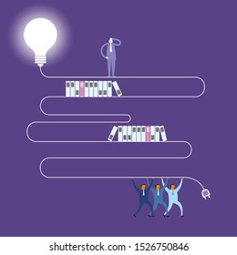 Team concept. A group of people lifted the power plug and connected the top light bulb.
