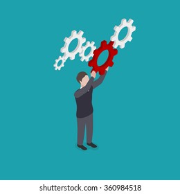 Team concept key part in business men holding red gear in hand isometric vector illustration