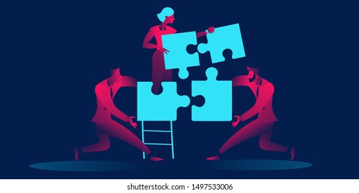 Team Concept, People Connecting Puzzle Elements In Red And Blue Neon Gradients. Symbol Of Teamwork, Cooperation, Partnership 