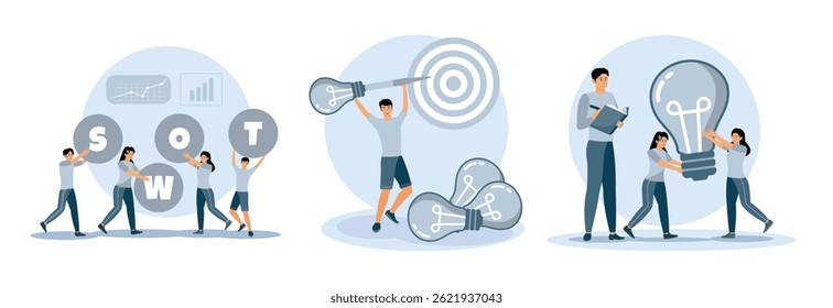  A team conceptually performing SWOT analysis. Smart goal setting concept. A man using a giant light bulb as a pointer aiming at a target. A team working with a light bulb.