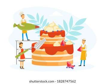 Team of Confectioners Decorating Cake with Cream, Tiny People in Uniform and Cap Cooking in Kitchen Vector Illustration