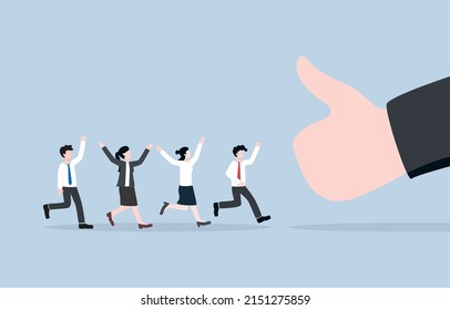 Team confidence for succeeding target, business growth, or completing project, motivation and encouragement concept. Boss appreciating team performance with thumb up hand gesture. 