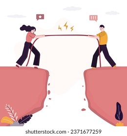 Team conflict with different development strategies, business people pulling tightrope. Fight over abyss for leadership. Competition on market, struggle and rivalry for consumer. Family conflict.