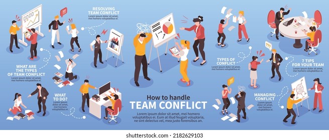 Team conflict infgoraphics with boss shouting on employees vector illustration