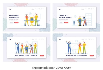 Team Conflict Landing Page Template Set. Business Men and Women Enemies or Opponents Arguing and Staring Each Other in Office. Quarrel at Work Between Colleagues. Cartoon Vector Illustration