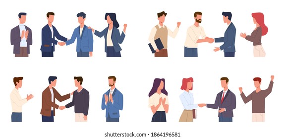 Team congratulates colleague. Chief shakes hand manager for successful project, office staff greeting co-worker development, people respect and high five, partnership vector flat cartoon concept