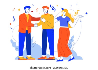 Team congratulates colleague web concept. Man and woman celebrating career growth at corporate party. Vector illustration in minimal flat design for blog, app design, onboarding screen, social media