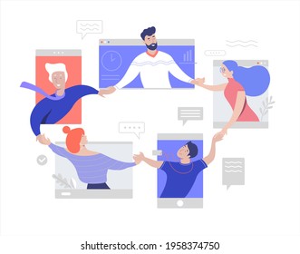 Team congratulating each other on their success. Successful project concept. Isolation online meeting. Corporate distant discussion. Flat vector illustration concept.