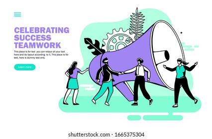 Team congratulations and announcement with megaphone vector illustration